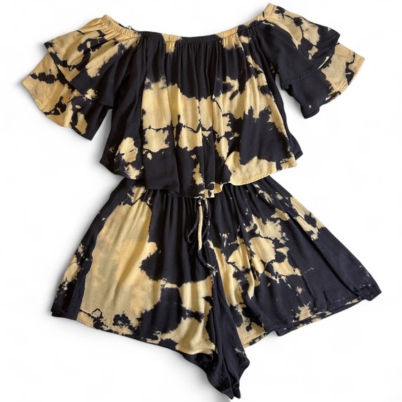 Sage Pants - Sage Tie Dye Romper Small Off Shoulder Ruffle Sleeve Boho Flowy Fit